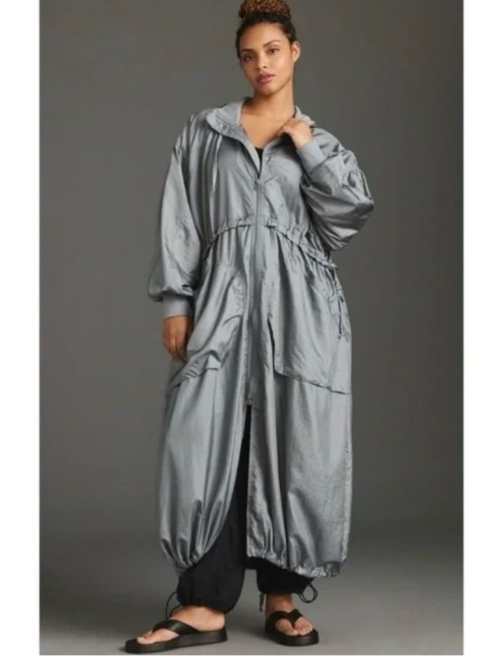 NWT Anthropologie Daily Practice Blue Long Hooded Raincoat Lightweight Size XXS